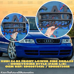 Puede incluir: Rejillas laterales inferiores delanteras negras estilo panal de abeja para un Audi S4 B5. La imagen muestra las rejillas contra un coche azul. El texto de la imagen dice "AUDI S4 B5 FRONT LOWER SIDE GRILLES - HONEYCOMB STYLE (PAIR L+R)".