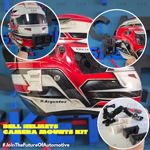 May include: A racing helmet with a camera mount kit. The helmet is red, white, and black with sponsor logos. The kit includes various mounting components and a GoPro camera attached to the helmet. Text on the image reads "BELL HELMETS CAMERA MOUNTS KIT".