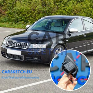 May include: A black Audi sedan with a chrome grille and side mirrors. A close-up shows a black automotive part. The image includes the text "CARSKETCH.EU" and "#JoinTheFutureOfAutomotive".