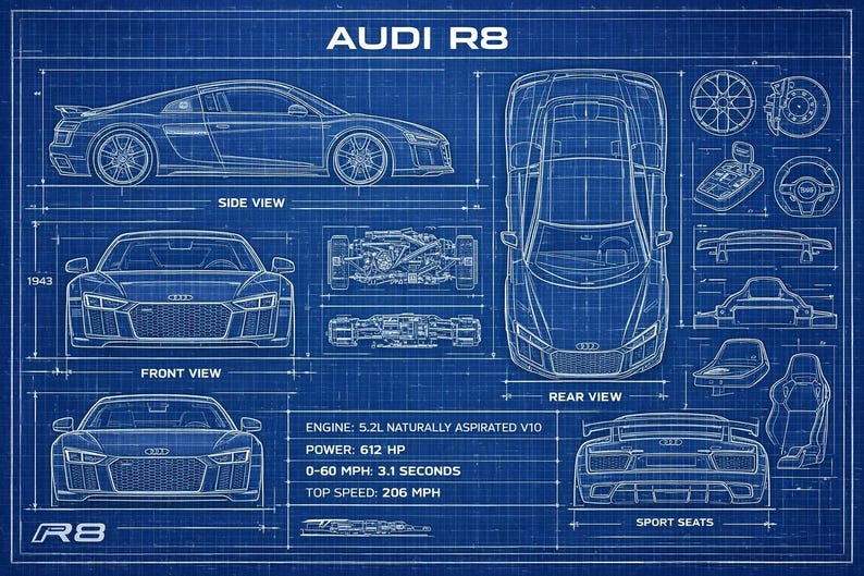 Audi R8 Isometric View Audi R8 - Blueprint Poster - Etsy