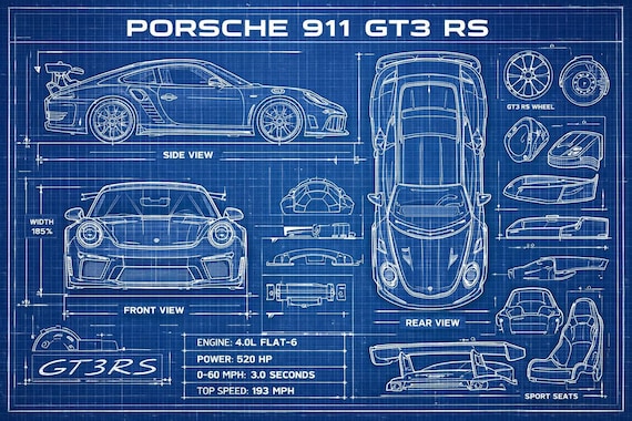 Porsche 911 GT3 RS - Blueprint Poster - Etsy