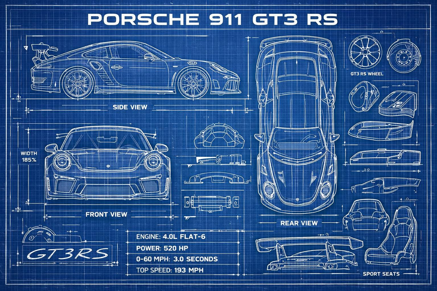 Porsche 911 GT3 RS - Blueprint Poster - Etsy Australia