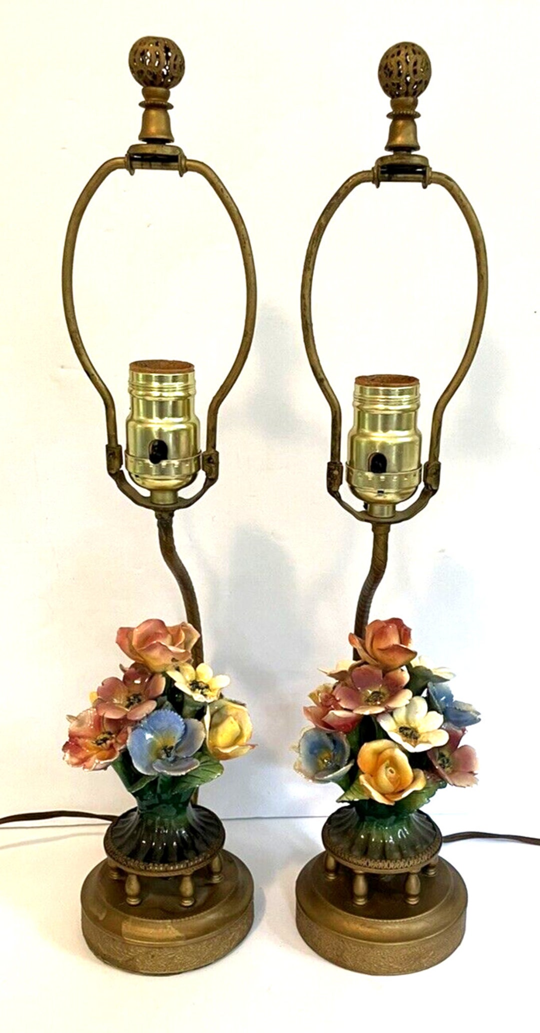 Pair of Vintage Capodimonte Porcelain Floral Lamps With Ornate Etsy