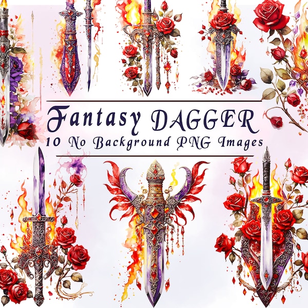 Fantasy Dagger 10pc PNG Bundle - Fire Witch Dagger - Magic Sword Illustration - Clip Art - Digital Download - Jeweled Dagger Art - Printable