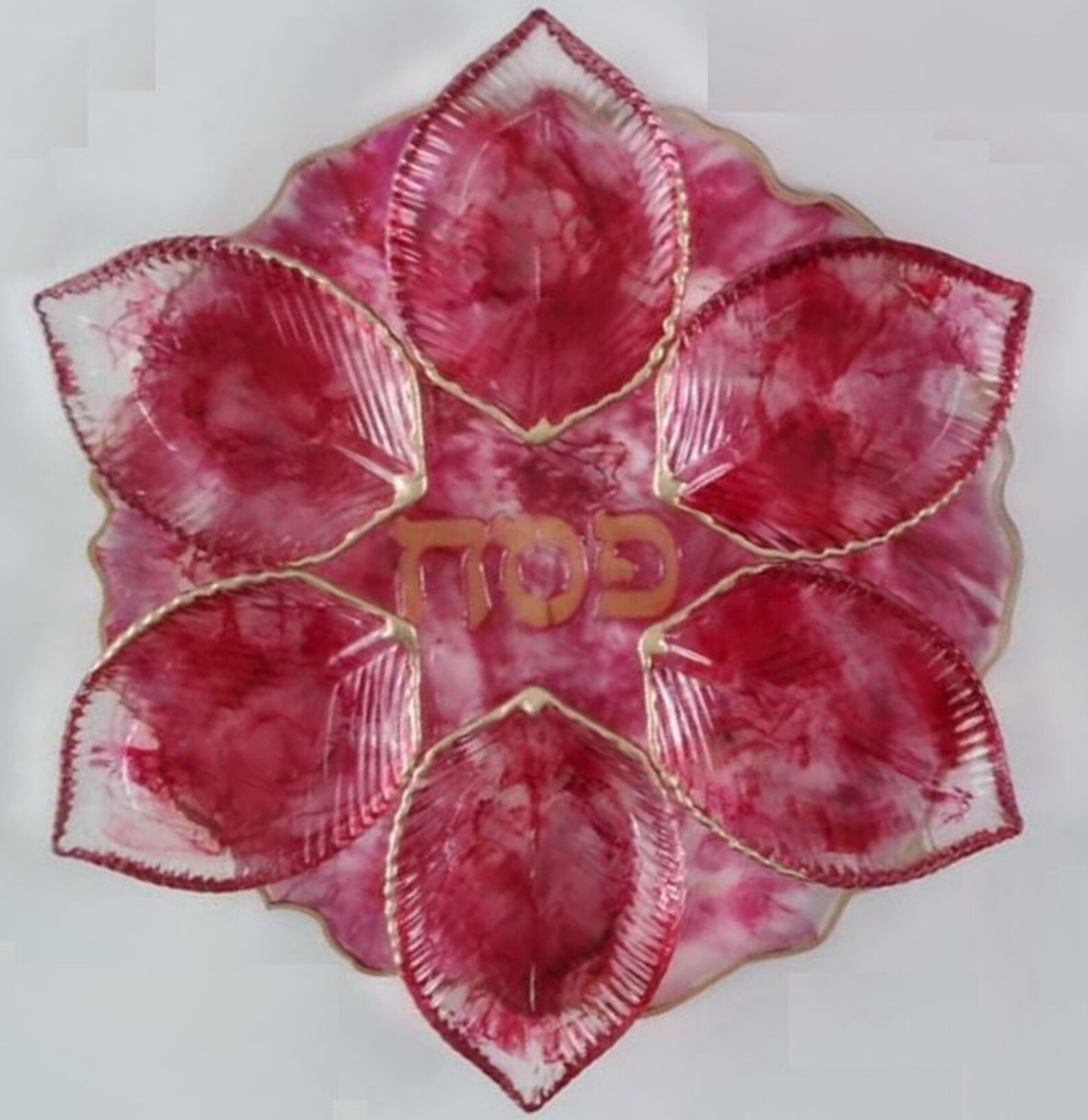 Jewish Holiday Passover 13" Seder Plate - 6 Leaf Trays 5 3/4" x 4" Gold Trim - HANDMADE - Beautiful and Durable Epoxy Resin - Star of David