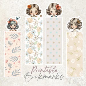 Puede incluir: Juego de cuatro marcapáginas imprimibles con ilustraciones de niñas y varios patrones. Los marcapáginas incluyen diseños con patrones florales, de estrellas y de hojas en colores pastel. El texto "Printable Bookmarks" está escrito en cursiva.