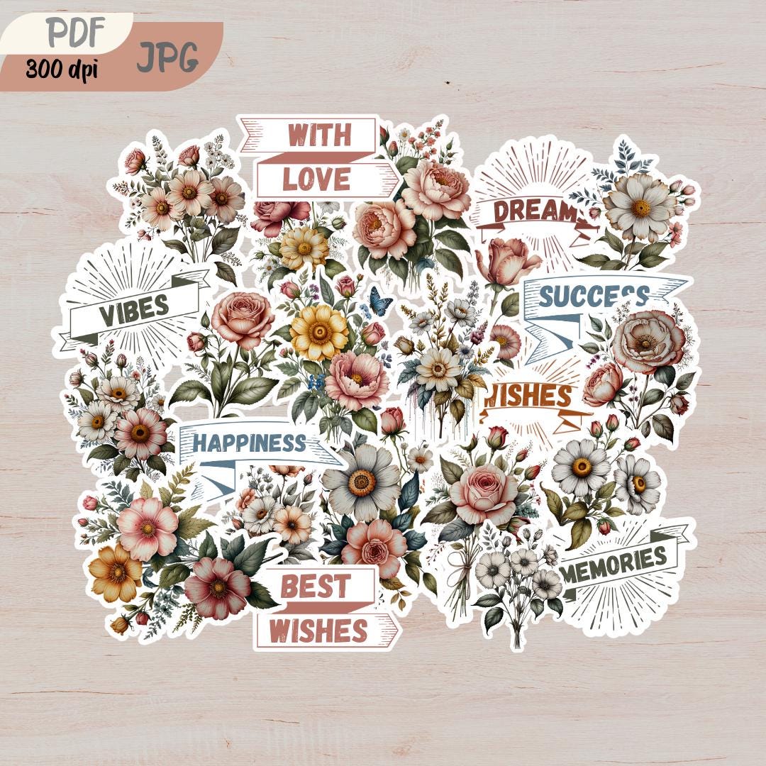 Shabby Chic Flower Stickers, Printable Stickers for Scrapbooking, Junk ...
