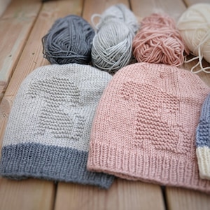 K&ouml;nnte beinhalten: Handgestrickte M&uuml;tzen in verschiedenen Farben, darunter Grau, Rosa und Blau, mit einem strukturierten Design. Die M&uuml;tzen werden zusammen mit Wollkn&auml;ueln in passenden Farben pr&auml;sentiert, was auf ein Bastel- oder DIY-Thema hindeutet.