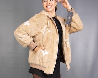15974 NUEVO Abrigo de visón auténtico, chaqueta de lujo con capucha, talla M