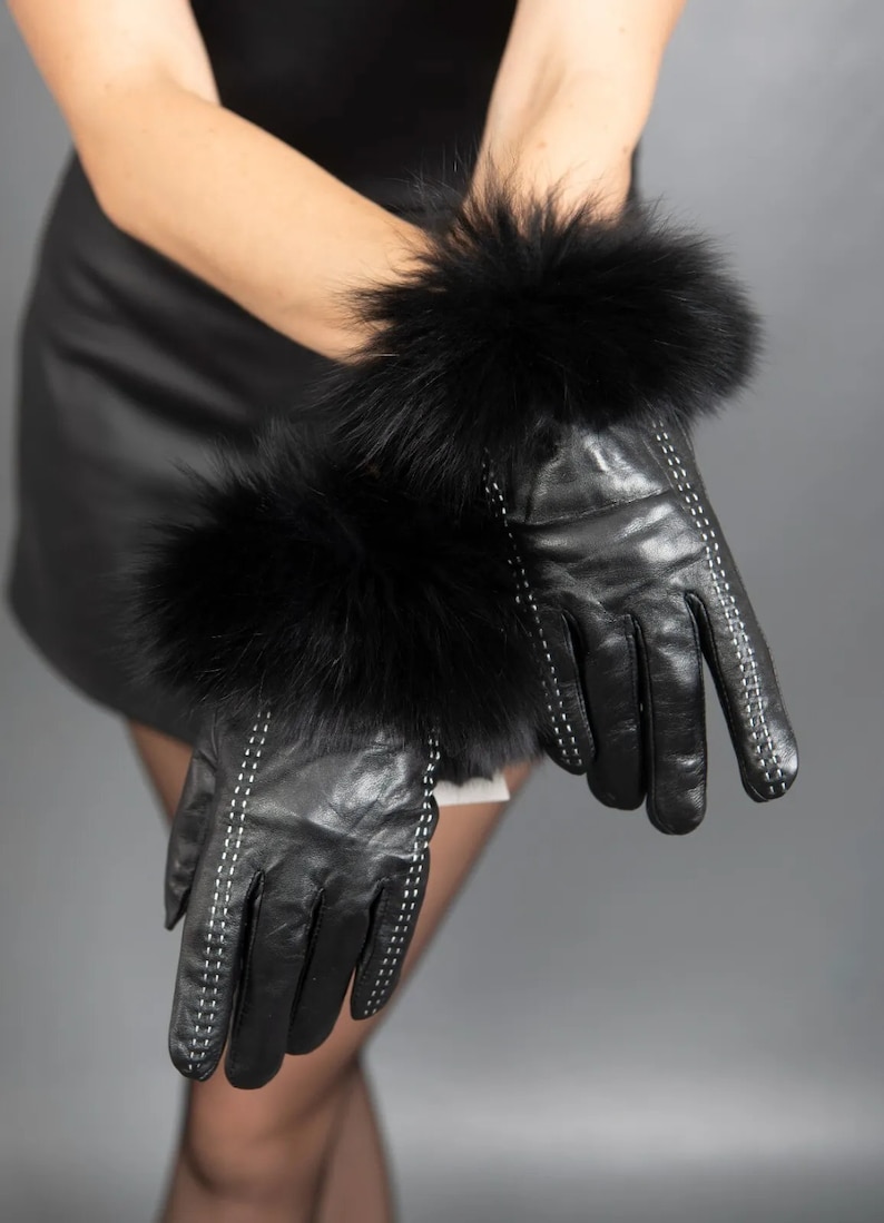 279 nouveaux magnifiques gants en cuir véritable avec fourrure de renard véritable image 3