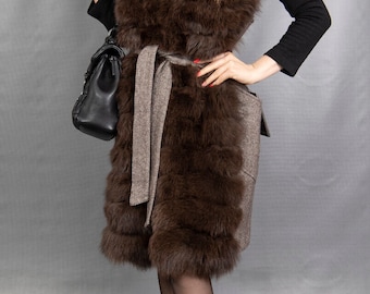 9855 New Glamorous Wool Cashmere Coat With Blue Fox Fur Size L