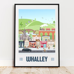 May include: A framed print featuring a colorful illustration of Whalley, England. The artwork depicts a town scene with buildings, a church, a bridge, and a train on a viaduct. The word "WHALLEY" is displayed at the bottom.