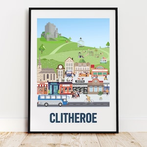 May include: A colorful illustration of the town of Clitheroe, England. The illustration features a castle on a hill, a town square with shops and a bus, and a playground. The text "CLITHEROE" is at the bottom of the illustration.