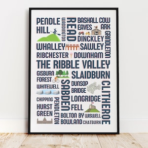 Ribble Valley Lancashire kaart kunst aan de muur souvenir Clitheroe Pendle kunstafdruk