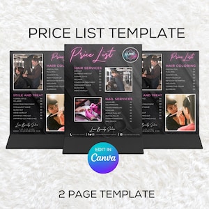 Editable Price List Template - DIY Small Business Printable Pricing Guide Sheet - Salon Price List Nail Makeup Hair Stylist Canva Template