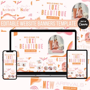 May include: Editable website banner templates for a beauty store called Luxe Beautique. The banners feature a pink and orange color scheme with abstract shapes and stars. The text "Welcome to Luxe Beautique" is featured on the banners, along with the text "Shop Now".