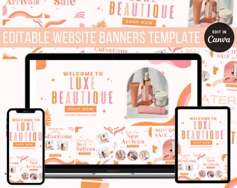 Edytowalne różowe szablony banerów internetowych w stylu boho, butik Canva, nagłówki stron Shopify, DIY, branding cyfrowy