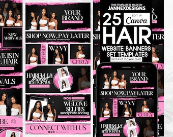 Editable Pink Hair Website Banner Canva Templates DIY Shopify Wix Branding Digital Marketing Graphics