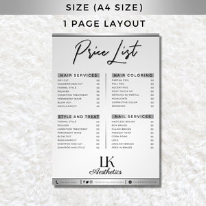 May include: A black and white price list for hair and nail services. The list includes services such as dry cut, shampoo and cut, formal style, relaxer, condition treatment, permanent wave, blow out, men's haircut, partial foil, full foil, accent foil, root touch up, retouch w/ partial, highlights, corrective color, branding, knotless braids, box braids, fulani braids, passion twist, corn rows, locs, crochet braids, and feed in braids. The prices for each service are listed next to the service name. The price list is titled "Price List" and is from "IK Aesthetics".