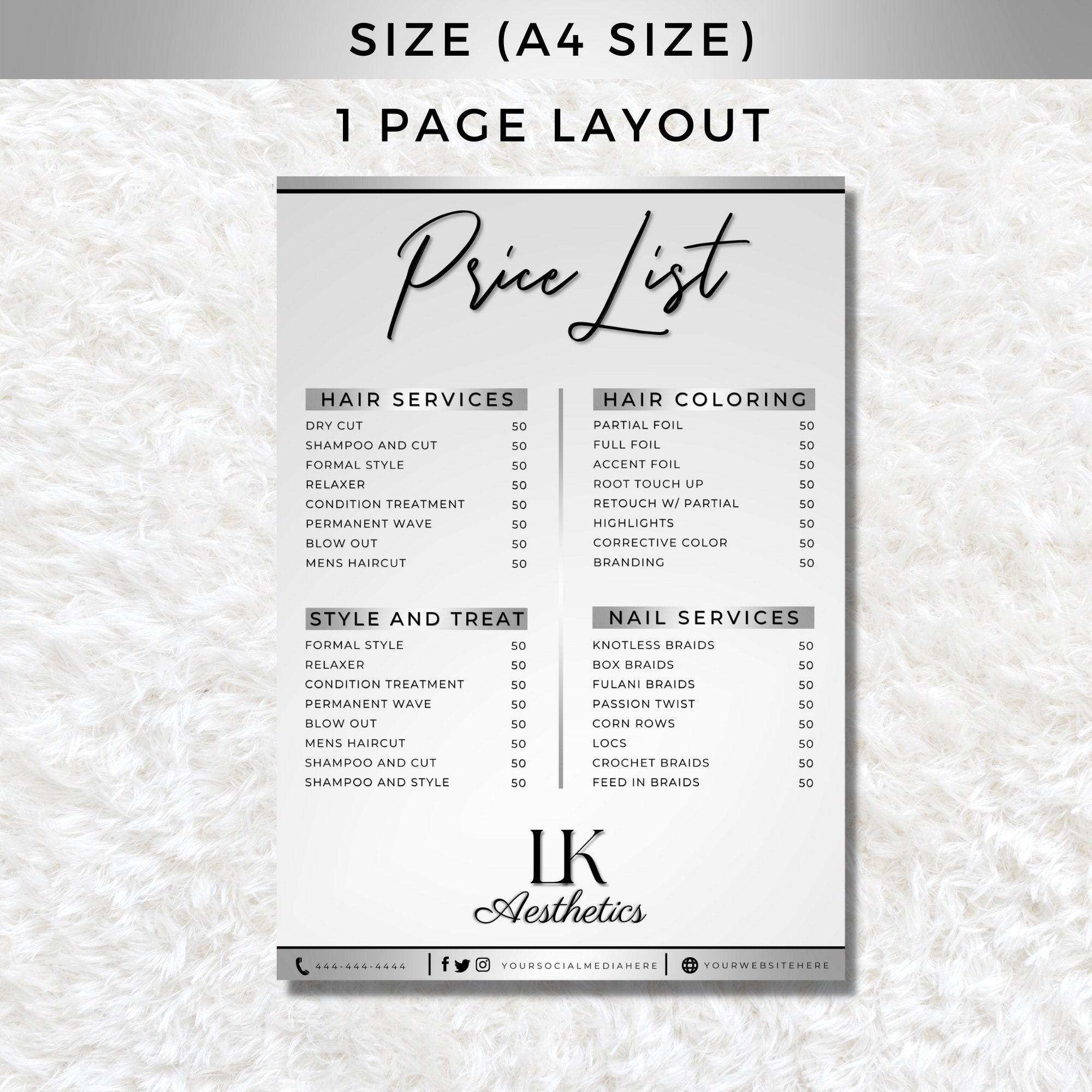 DIY Price List Template, Silver Price List, Printable Price Guide, Hair