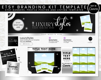 Puede incluir: Plantilla de kit de marca de Etsy con elementos de diseño en blanco y negro. La plantilla incluye una pancarta con el texto "LUXURY styles" y un lema, una foto de perfil con el texto "LuxuryStyles" y una calificación de estrellas, y una plantilla de listado con el texto "TITLE TEXT HERE" y una breve descripción del artículo. La plantilla es totalmente editable en Canva.