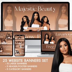 May include: A set of 25 website banners for a hair extensions business. The banners feature images of women with long, flowing hair and text that says "Crown You Wear", "Luxurious Length and Volume", "Free Shipping", and "Majestic Beauty".
