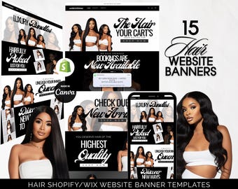 Editable Black and White Hair Website Banners for Shopify & Wix | Hair Extensions Wigs Business Graphic | Beauty Salon Hair Brand Templates