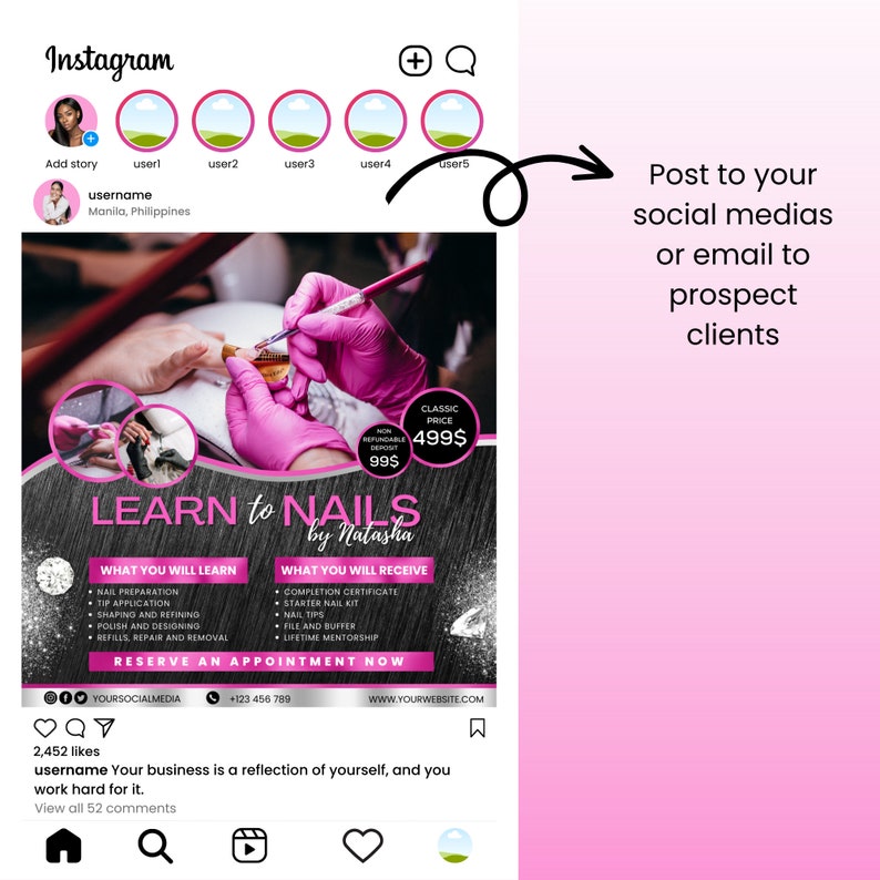 May include: A pink and black graphic with the text "LEARN to NAILS by Natasha" and information about a nail course. The graphic includes a photo of a hand with pink gloves applying nail polish.