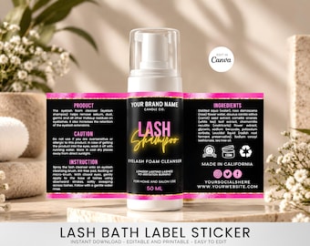 May include: A white plastic bottle of lash shampoo with a black label featuring pink glitter borders. The label text includes Your Brand Name, Lash Shampoo, 50 ml, ingredients, instructions, and caution. The bottle has a clear pump dispenser cap.