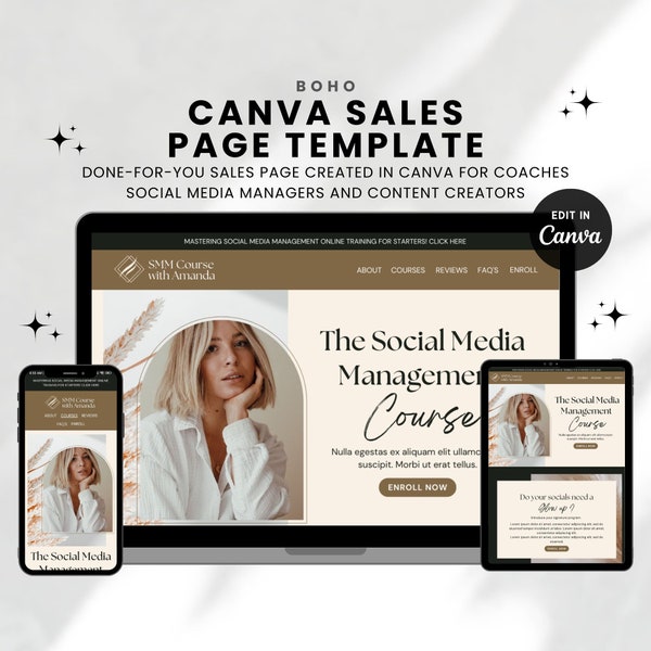 Canva Website Template, Minimalist Boho Canva Sales Page Template, Landing Page Template for Coaches, Coaching Template for Course Creators