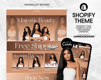 Brown Boho Shopify Theme Canva Hair and Beauty Website Templates with Banners DIY Editable