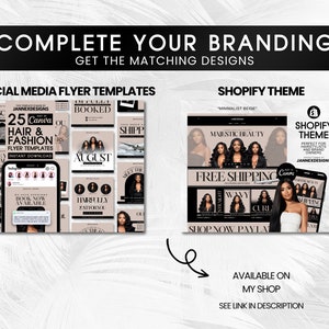 May include: A set of social media flyer templates and a Shopify theme for hair and fashion businesses. The templates feature a minimalist beige colour scheme with images of women with long, flowing hair. The text on the templates includes phrases like "Majestic Beauty", "Free Shipping", and "Shop Now Pay Later".
