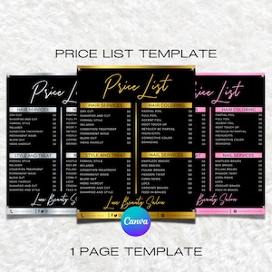 Editable Price List Template - DIY Small Business Printable Pricing Guide Sheet - Salon Price List Nail Makeup Hair Stylist Canva Template