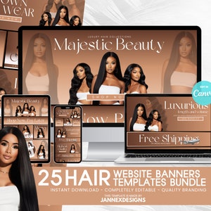 May include: A collection of 25 website banner templates for hair extensions. The templates feature a brown and gold color scheme with images of women with long, flowing hair. The text "25 Hair Website Banners Templates Bundle" is displayed in large, bold letters. The text "Instant Download - Completely Editable - Quality Branding" is displayed below the main title. The text "This template is made by JANNEXDESIGNS" is displayed at the bottom of the image.