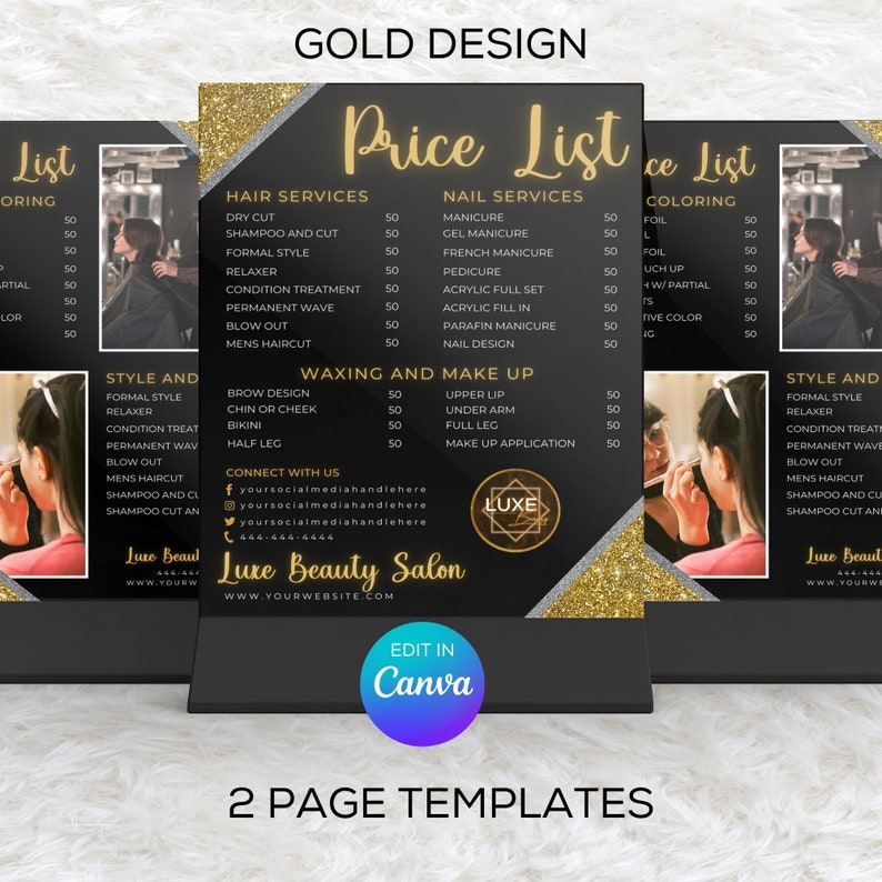 Editable Gold Price List Template, Printable Price Guide, Salon Price