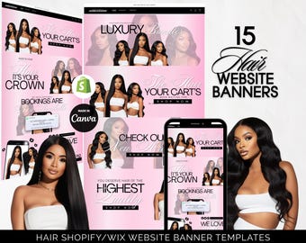 Editable Pink Canva Website Hair Banners, Shopify Store Hair Extension Website Banners for Hair & Wig Business Salon Owners, Beauty Branding