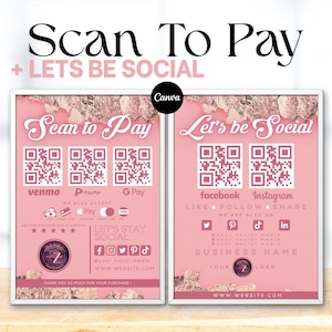 May include: Two rectangular pink signs with white borders featuring rose gold foil accents. The left sign displays Scan to Pay with QR codes for Venmo, PayPal, and G Pay. The right sign displays Let's be Social with QR codes for Facebook and Instagram.