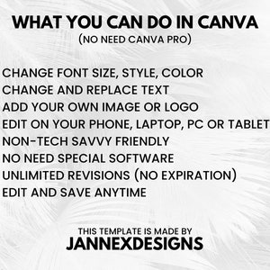 May include: White graphic with black text: "WHAT YOU CAN DO IN CANVA" and bullet points listing features like changing font size, style, color, and editing on phone, laptop, or tablet. The text also says "NO NEED CANVA PRO".