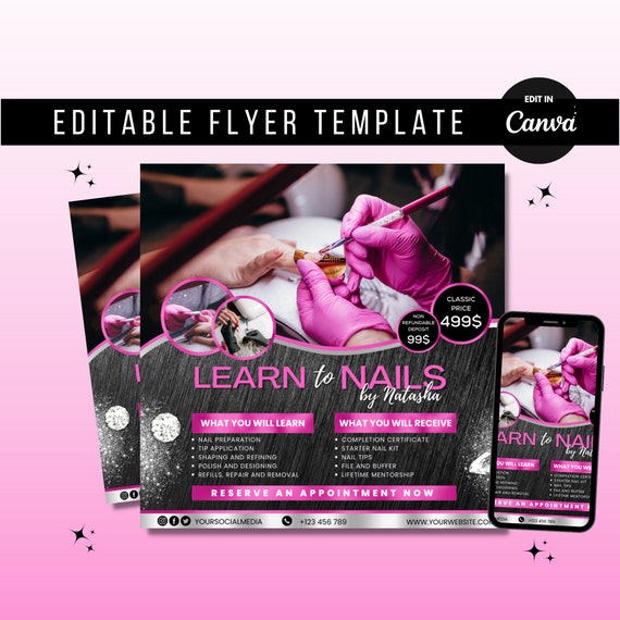 DIY Nail Class Flyer Template Canva Editable Nail Tech Training Workshop Digital Marketing
