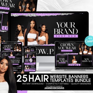 DIY Purple Hair Website Banner Kit, Shopify Hair Extension Wig Boutique Store Web Design, Hairstylist Shopify Web Banners Branding Beauty