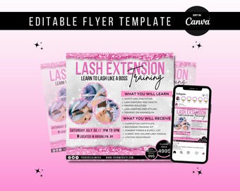 Lash Extension Training Flyer Canva Template | Editable Beauty Salon Flyer | Lash Tech Course Promo | Eyelash Extension Marketing Digital