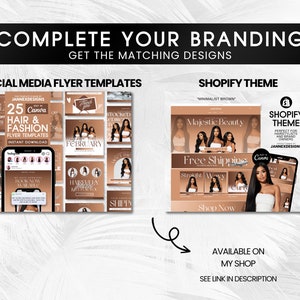 May include: A collage of social media flyer templates and a Shopify theme for hair and fashion businesses. The templates feature a brown and gold color scheme with images of women wearing hair extensions. The Shopify theme has a minimalist brown design with the text "Majestic Beauty" and "Free Shipping".
