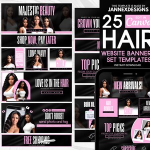 May include: A collection of 25 website banner templates for hair extensions. The banners feature a black background with pink accents and images of women with different hairstyles. The text on the banners includes phrases like "Majestic Beauty", "Shop Now", "Love is in the Hair", and "New Arrivals".