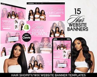 Editable Canva Pink Luxury Hair Website Banners for Shopify Wix, Hair Extensions Wigs Business, Beauty Salon Graphics, Hair Brand Template