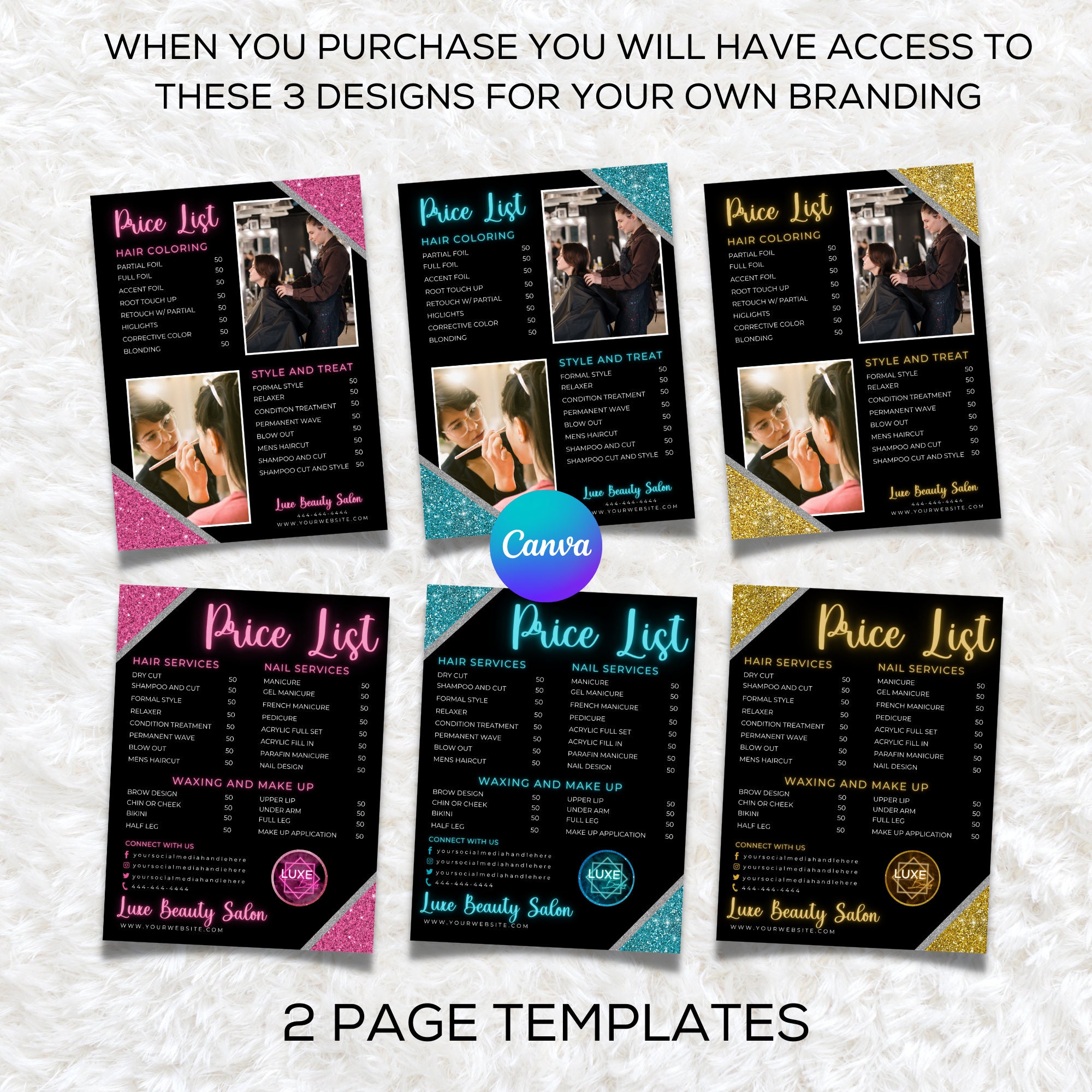 Editable Gold Price List Template, Printable Price Guide, Salon Price