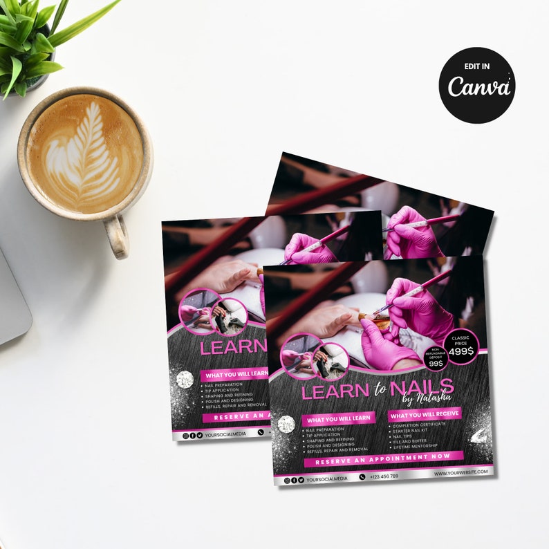 May include: A pink and black flyer advertising a nail course called "Learn to Nails by Natasha". The flyer features a photo of a hand receiving a manicure and lists the course curriculum and price. The text on the flyer reads "Learn to Nails by Natasha", "What you will learn", "Nail Preparation", "Tip Application", "Polish and Designing", "Refills, Repair and Removal", "Reserve an Appointment Now", "What you will receive", "Completion Certificate", "Starter Nail Kit", "Nail Butter", "Lighter Buffer", "Classic Course 995", "Classic Course 499$".