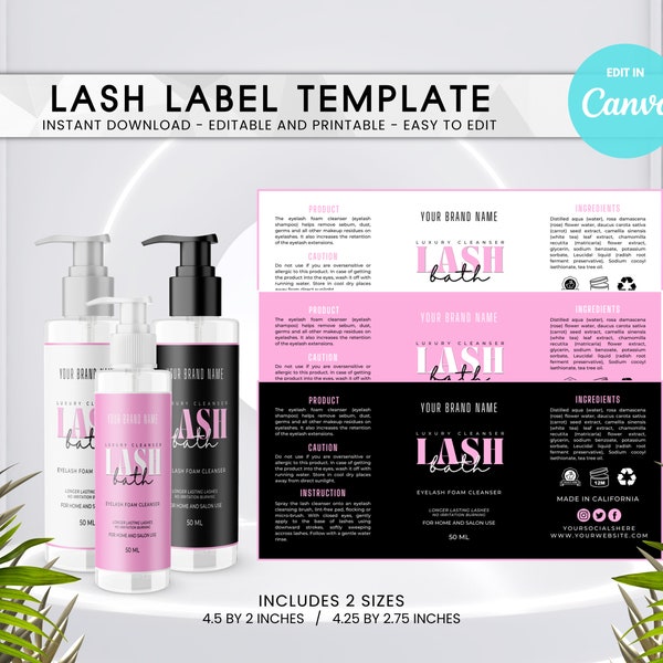 DIY Lash Bath Label Template, Eyelash Cleanser Foam Label, Lash Product Label, Lash Shampoo Bottle Sticker Label, Digital Label - PL6