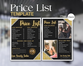 May include: A two-page black and gold price list template for a beauty salon. The design features glitter accents, sections for hair, nail, waxing, and makeup services, and includes placeholders for photos, social media handles, and contact information.
