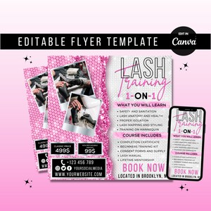 May include: Pink and white flyer template for lash training. The flyer features a photo of a hand applying eyelashes, a phone mockup with the text "Lash Training 1-on-1", and the text "Book Now" with the location "Brooklyn, NY".