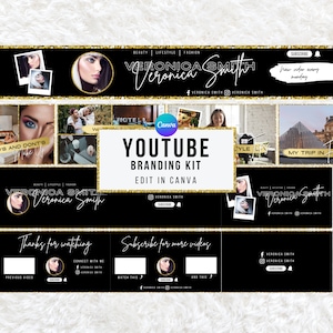 Kit di branding Youtube, banner YouTube modificabili, miniature, schermata finale, grafica del canale, introduzioni e outro, modelli Youtube Canva